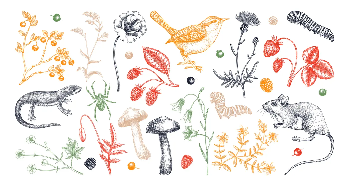 Summer design elements in sketched style. Botanical drawings of wildflowers, herbs, meadows, berries, animals and birds. Vintage wildlife hand-drawn illustrations. Field plants sketches in color Illustration